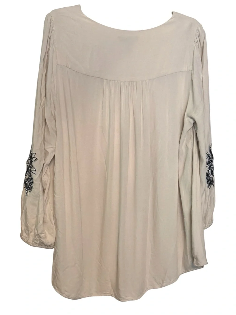 Style & Co Stone Beige & Navy Embroidered Beaded Boho Blouse 2X